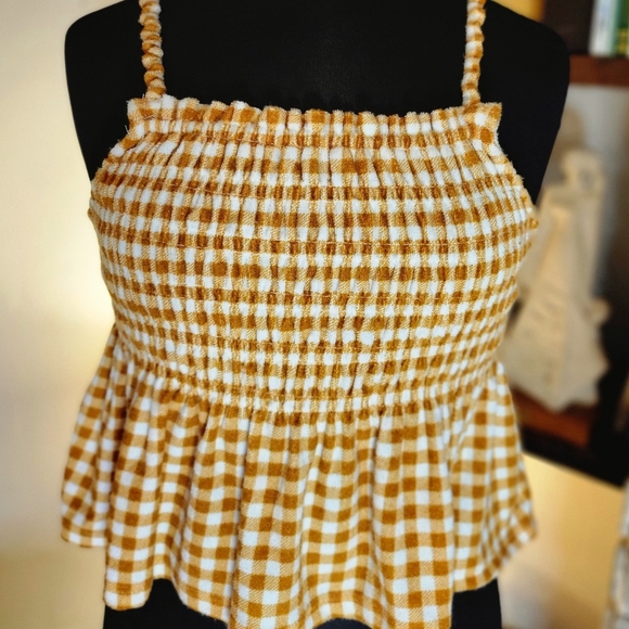 NWT - SO Goods For Life (Med) Velour Smocked Gold Gingham Checked Peplum Tank - Picture 2 of 6